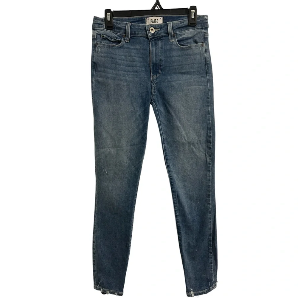 Paige Dark Wash Blue Skinny Crop Jeans Raw Distressed Hem